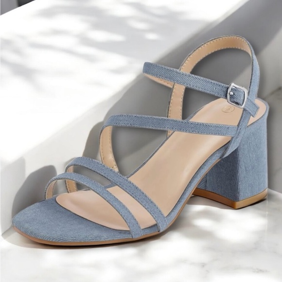 🆕Blue Denim Block Heel Shoes with Strappy Design - Picture 1 of 16